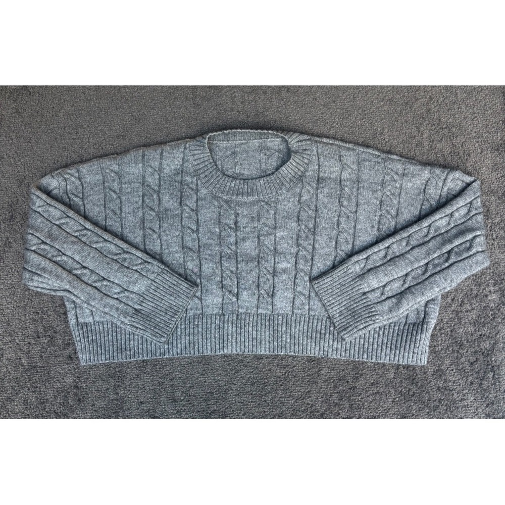 Commense Cropped Sweater Women's‎ Size Small Gray 100% Cotton Knitted Crew Neck